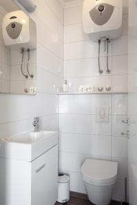 a white bathroom with a toilet and a sink at Kvasina Apartments in Zadvarje