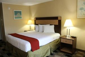 a hotel room with a large bed and two lamps at Castlewood Inn in Maggie Valley