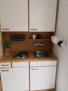 a small kitchen with white cabinets and a sink at Ivka 2 in Mali Lošinj