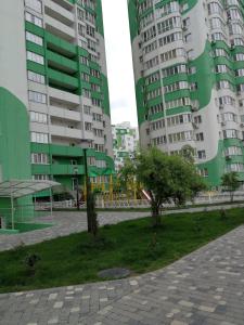 twee hoge gebouwen en een boom in een stad bij Apartment "Ostrova" in Kryzhanivka