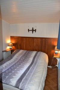 1 cama en un dormitorio con 2 luces en la pared en Chalet Vintage, en Pollieu
