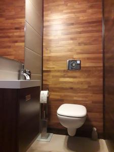 a bathroom with a toilet and a sink at Apartamenty Lubin - Cuprum in Lubin
