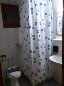 a bathroom with a toilet and a shower curtain at Lia Sofia Apartments in Stalida