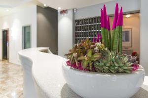 a white bowl with pink flowers and plants in it at Hotel Bristol in Caorle