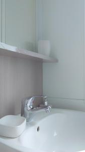 ein Waschbecken mit einem Wasserhahn und einem WC in der Unterkunft Mobile Home Cinzia in Pula