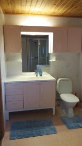 a bathroom with a sink and a toilet and a mirror at Kilsborgs Gård - Lakehouse in Svanskog +11 photos