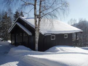 um edifício coberto de neve com uma árvore na frente em Hogstul Hytter - Apartment North em Tuddal