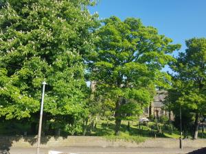 a park with trees in front of a building at Church View at Plover Cottage Lindley in Huddersfield