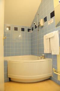 VouziersにあるLogis Argonne Hôtelの青いタイルのバスルーム(バスタブ付)