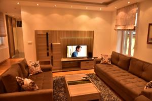 sala de estar con sofá y TV en Ferhadija Luxury Apartment, en Sarajevo