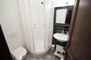 a bathroom with a shower and a toilet and a sink at Hotel Ovo malo duše in Sarajevo