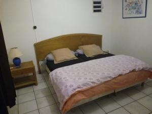 a bedroom with a bed and a table with a lamp at Marcus972 in Sainte-Luce