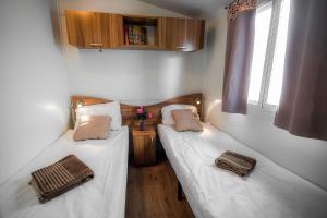 two twin beds in a room with a window at Lake View Mobile Homes with Thermal Riviera Tickets in Terme Čatež in Čatež ob Savi