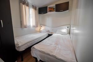 two beds in a small room with a window at Lake View Mobile Homes with Thermal Riviera Tickets in Terme Čatež in Čatež ob Savi