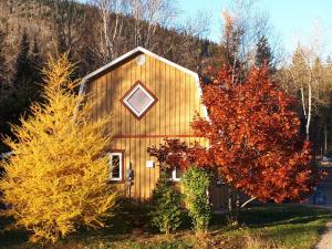 a small wooden house with autumn trees around it at Grangette Entre Chiens et Loups in LʼAnse-Saint-Jean