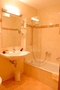 a bathroom with a shower and a sink and a tub at Hotel an der Ilse in Lemgo