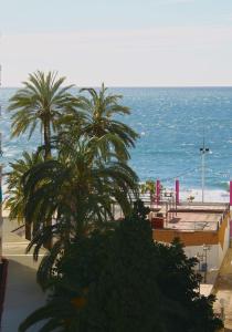 uma vista para uma praia com palmeiras e para o oceano em Apartamentos Astoria - Benidorm em Benidorm