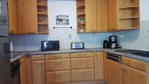 a kitchen with wooden cabinets and a counter top at Südeifel Ferienhäuser Christian Faust in Zweifelscheid