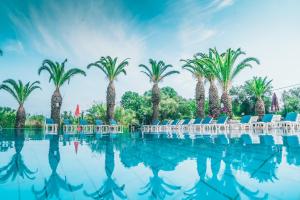 a swimming pool with chairs and palm trees at Morfeas Hotel in Kavos