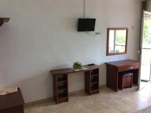 a room with a desk and a television on the wall at Apartment Slavica in Star Dojran