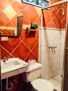 een kleine badkamer met een toilet en een wastafel bij Cabinas Palmer Makanda in Cahuita