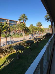Blick auf einen Park mit Palmen und ein Gebäude in der Unterkunft Salgados Beach in Albufeira