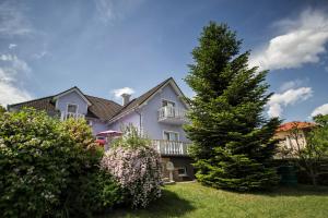 a large house with a tree in the yard at Katica Apartman in Zalakaros