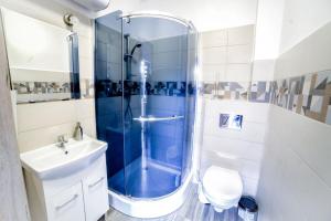 a bathroom with a shower and a toilet and a sink at U MICHAŁA in Świnoujście