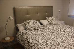 a bedroom with a bed with a large headboard and pillows at Apartamento Sanguesa in Sangüesa