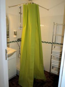 a green and yellow shower curtain in a bathroom at Duplex Vert'Veine in Caunes-Minervois