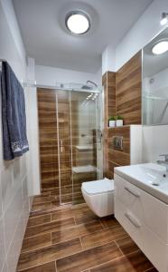 a bathroom with a shower and a toilet and a sink at Akoja in Władysławowo