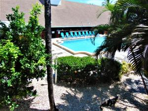 a swimming pool next to a building with a palm tree at Dolphin Key Resort - Cape Coral in Cape Coral