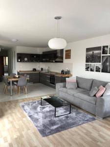uma sala de estar com um sofá cinzento e uma mesa em Nexus Apartmenthotel em Hévíz
