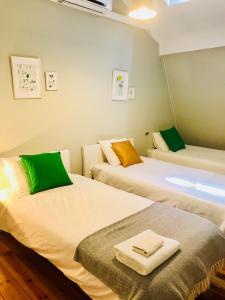 リスボンにあるCosy Baixa Apartmentのベッド2台(緑と黄色の枕付)が備わる客室です。