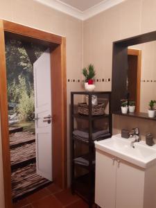 uma casa de banho com um lavatório e um espelho em Alojamento JCP em Bombarral