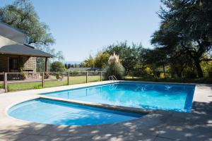 une piscine bleue dans une cour arborée dans l'établissement Del Arroyo Cabañas, à Villa General Belgrano