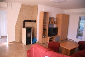 a living room with a red couch and a fireplace at Ferienhaus Sonnenweg in St. Andrä am Zicksee