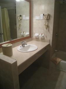 a bathroom with a sink and a mirror and a tub at Kalinago Beach Resort in Saint Georgeʼs
