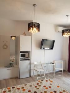 eine Küche mit einem Kühlschrank sowie einem Tisch und Stühlen in der Unterkunft Blue Marina Clubbing Studio 5 in Mamaia