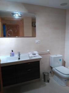 W łazience znajduje się umywalka, toaleta i lustro. w obiekcie A Puntía w mieście Vegadeo
