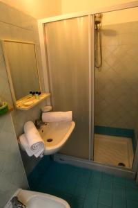 La salle de bains est pourvue d'un lavabo, d'une douche et de toilettes. dans l'établissement Hotel Eureka, à Rimini