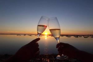 duas pessoas a segurar copos de vinho em frente ao pôr-do-sol em Moradia em condomínio de luxo em Esposende