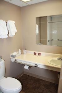 Lakota的住宿－Sunlac Inn Lakota，一间带卫生间、水槽和镜子的浴室