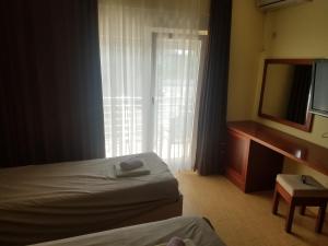 a bedroom with a bed and a television and a window at Villa Swan in Bar