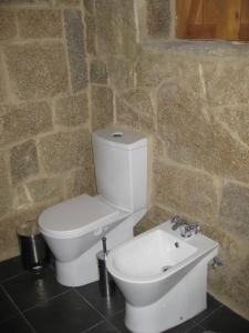 a bathroom with a white toilet and a sink at Ares do Montemuro in Campo Benfeito