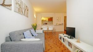 Sala de estar con sofá gris y TV en Apartamento Puerto Miramar, en Cambrils