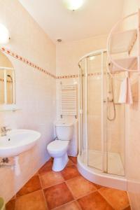 a bathroom with a toilet and a shower and a sink at Villa Antares I & II in Świnoujście