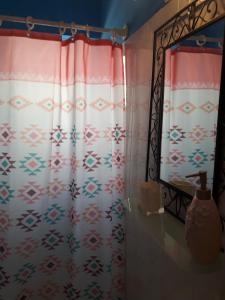 a bathroom with a shower curtain and a mirror at NOOR Apartment and Room in Hvar +27 photos