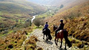 dos personas montando caballos en una colina con vistas a un valle en The Farthings en Braunton