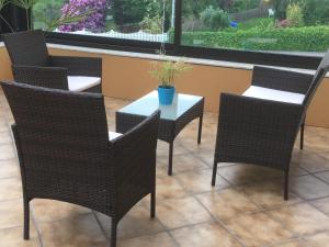 una fila de sillas y una mesa con una maceta en Ferienwohnung Bellevue, en Staufenberg